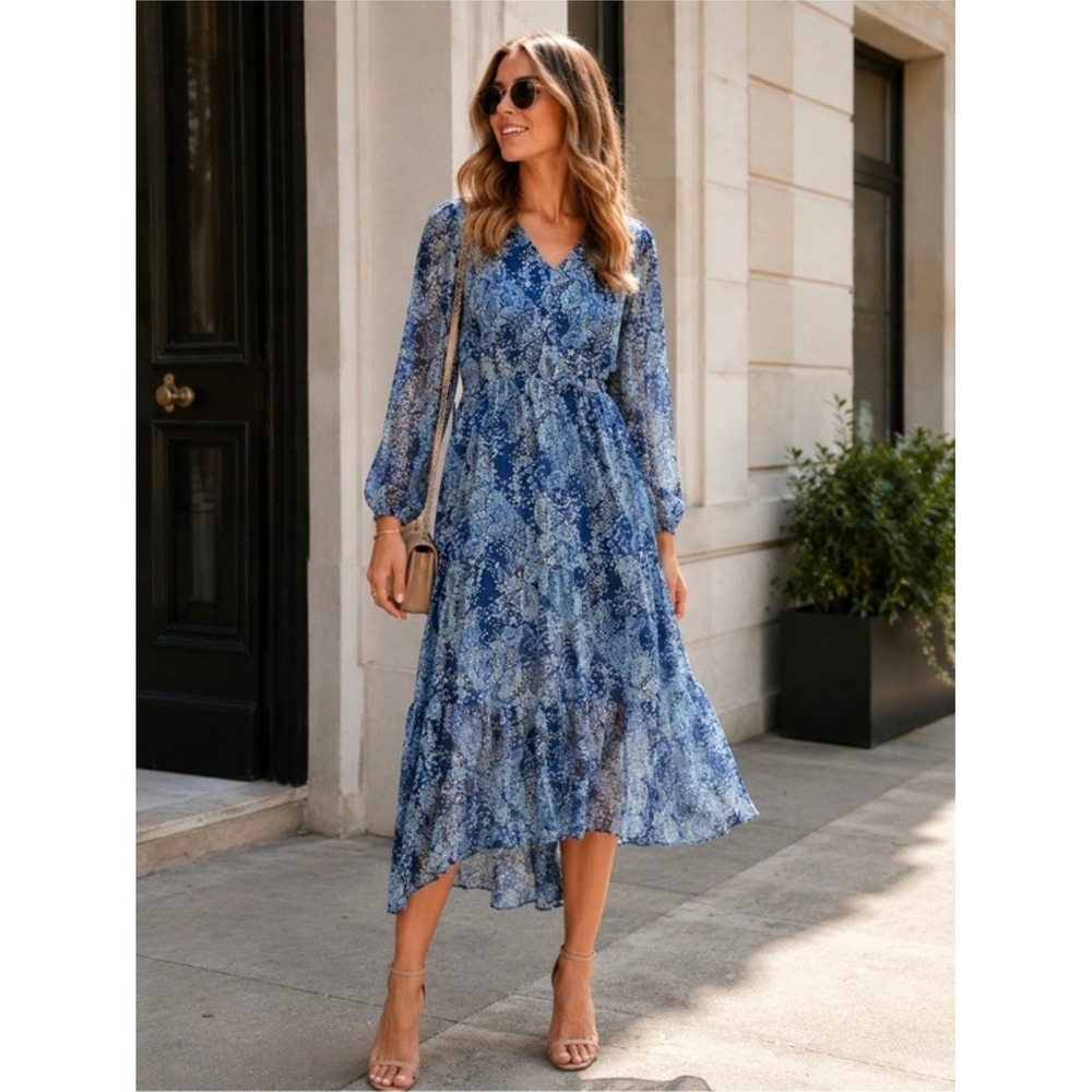 Joie Blue Peasant boho Floral Tiered V-Neck Midi Dress Long Sleeve XXL 2X
